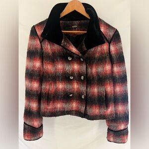 Free People Red Wool Jacket Plaid Military Black Velvet Trim Double Breasted L